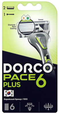 Dorco PACE 6 Plus Бритва мужская безопасная с 6 лезвиями с триммером + 1 сменный картридж