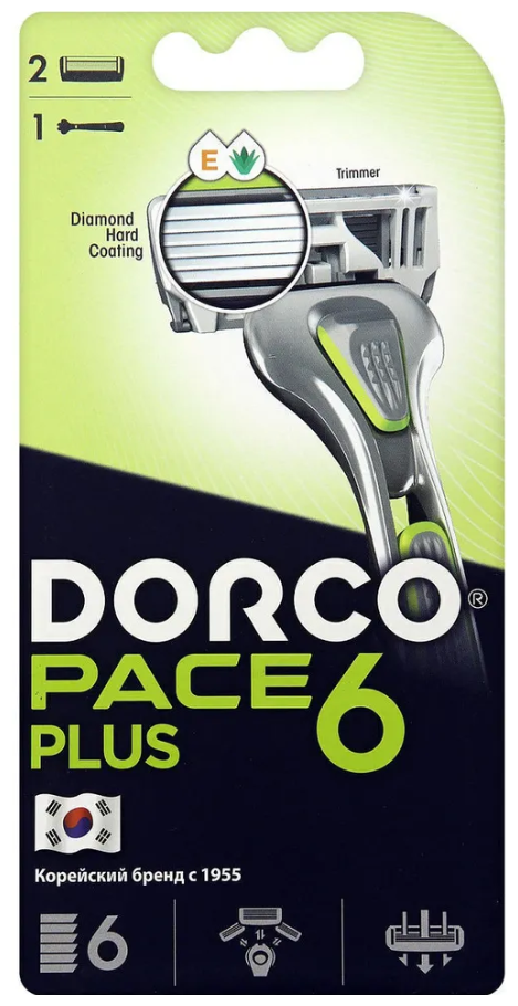 Dorco PACE 6 Plus Бритва мужская безопасная с 6 лезвиями с триммером + 1 сменный картридж