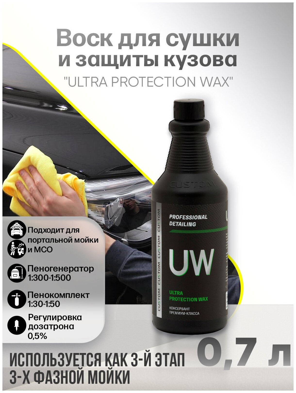 Жидкий воск для сушки кузова автомобиля / наноконсервант / CUSTOM Ultra Protection Wax, 700 мл