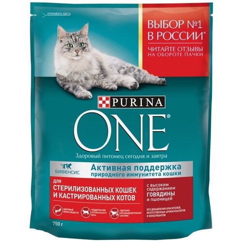 Корм сухой для взрослых кошек PURINA ONE с высоким содержанием говядины и пшеницей, для стерилизованных и кастрированных, 750г. х 3шт.