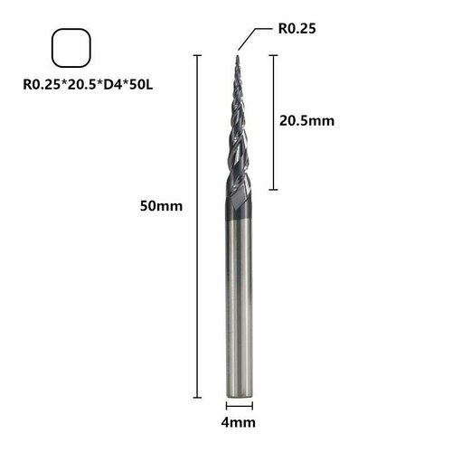 Фреза спиральная двухзаходная конусная сферическая XCAN 0,25х20,5х4х50 мм, покрытие TiALN фреза спиральная двухзаходная конусная сферическая xcan 0 25х20 5х4х50 мм покрытие tialn