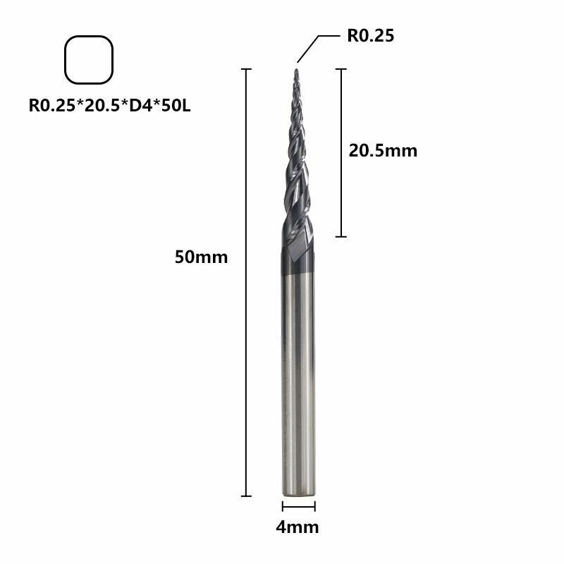 Фреза спиральная двухзаходная конусная сферическая XCAN 0,25х20,5х4х50 мм, покрытие TiALN