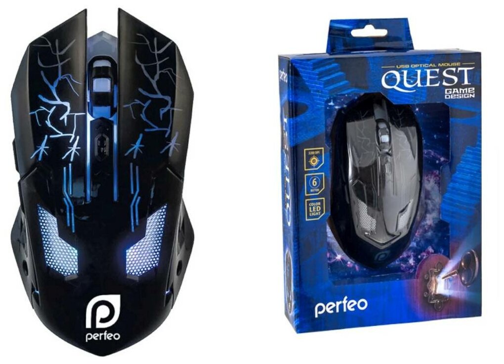 Мышь игровая проводная Perfeo QUEST 6 кн USB чёрн подсветка 6 цвет PF_5021 97000₽