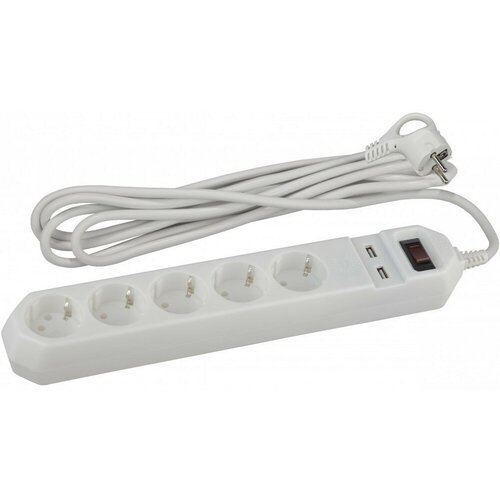 ЭРА USF-5es-1.5m-USB-W Белый Сетевой фильтр базовая защита, с/з, с выкл, 5гн+2USB, 1,5м, ПВС, 10А Б0019037 (10 шт.)