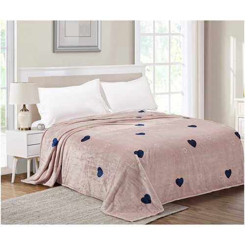 Плед плюшевый Евро 200х220 см, для кровати, дивана розовый с сердечками