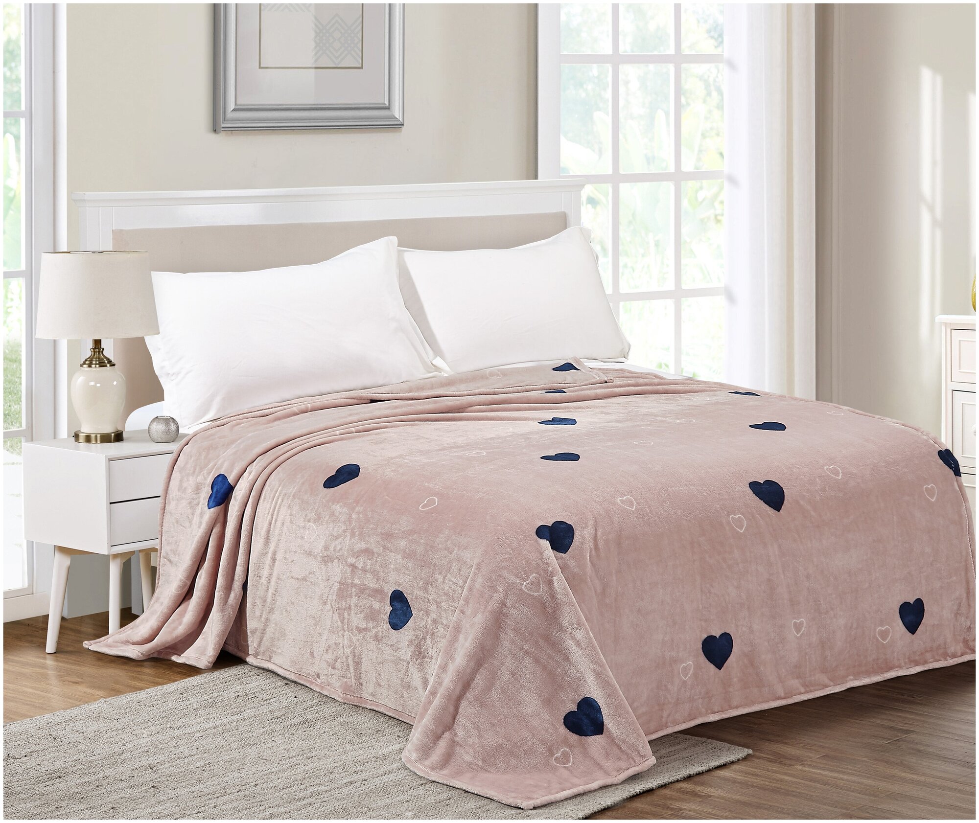 Плед плюшевый Евро 200х220 см, для кровати, дивана розовый с сердечками