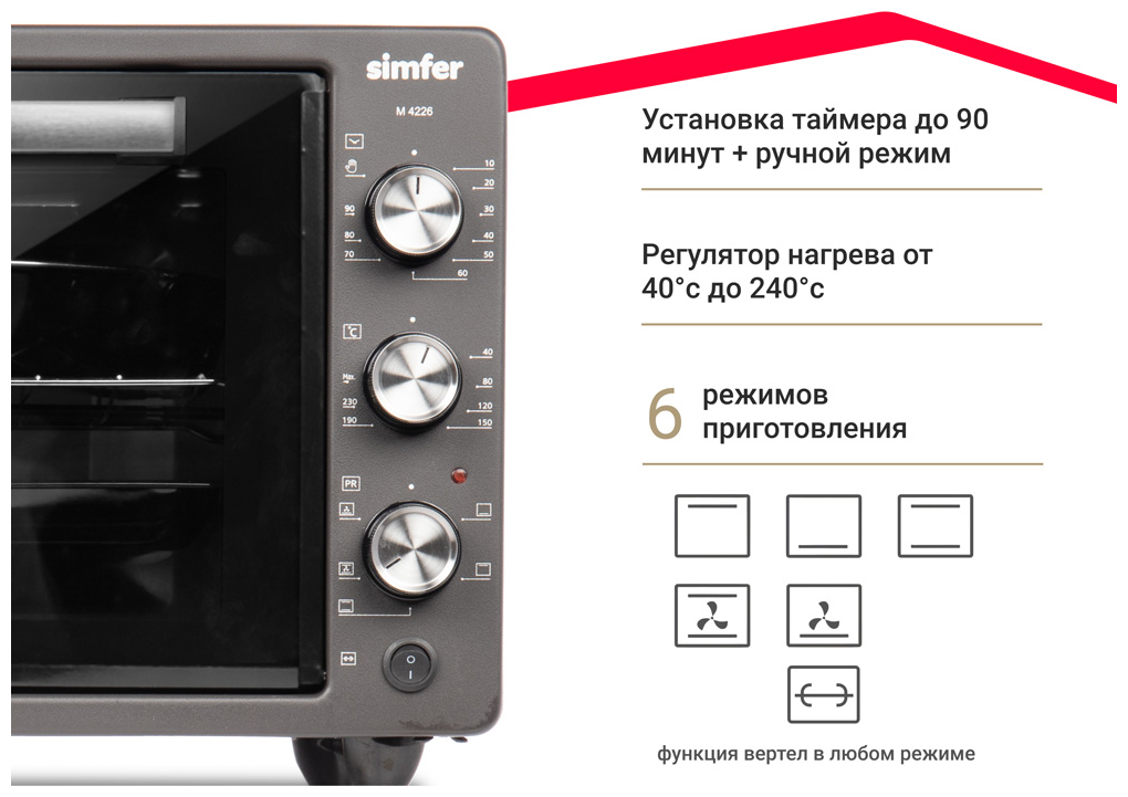 Мини-печь Simfer M4216 серия Albeni Plus, 6 режимов работы, конвекция, вертел - фото №8