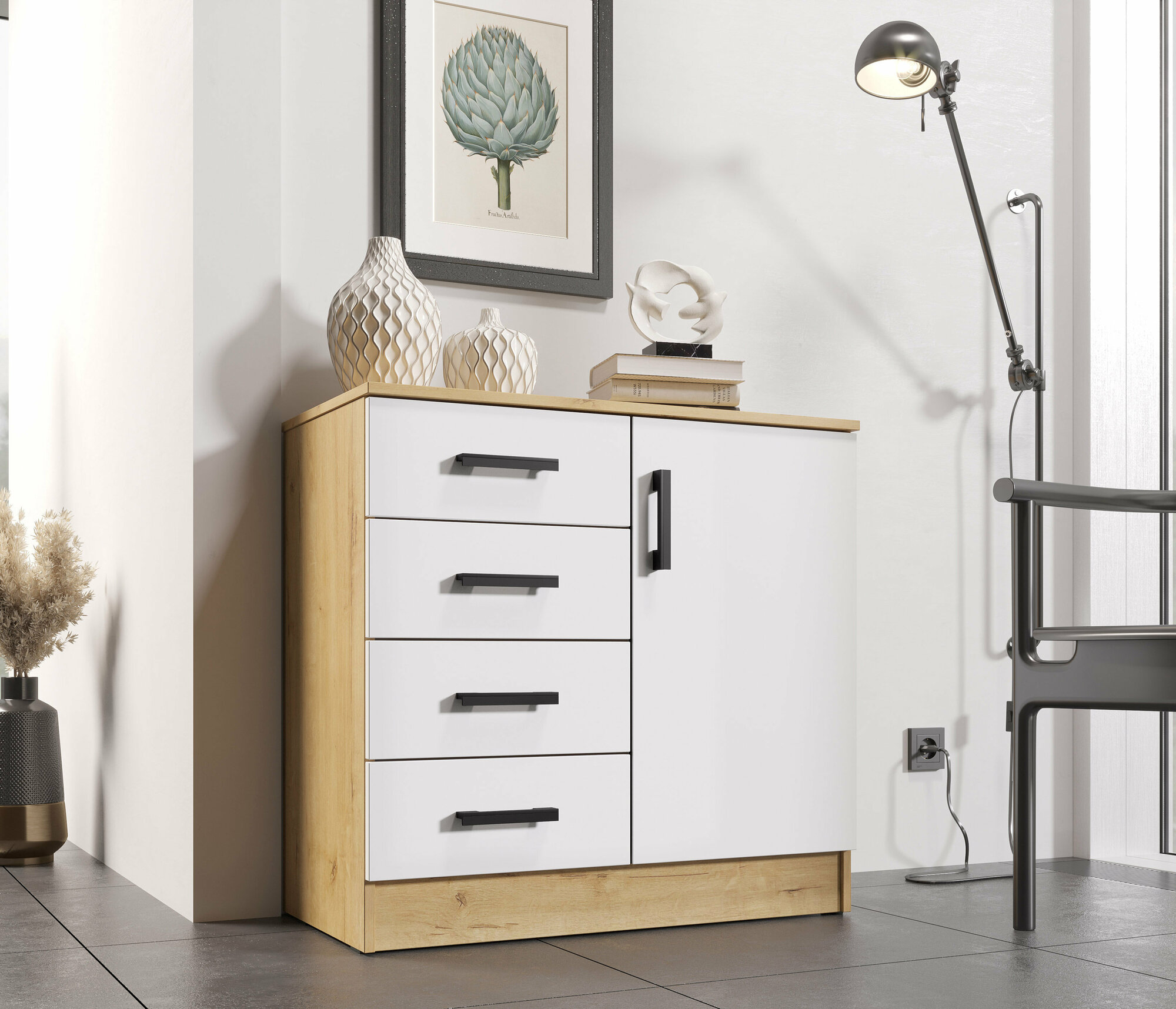 фото Комод столплит К800-1Д с 4 ящиками и полками, ЛДСП, Белый гладкий, 80х44х83 см