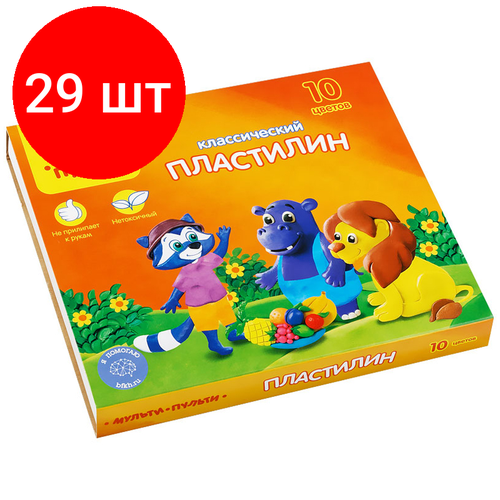 мульти пульти фиксики папус 29 см 168573 Комплект 29 шт, Пластилин Мульти-Пульти Приключения Енота, 10 цветов, 200г, со стеком, картон