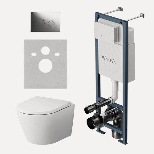 Изображение товара Инсталляция с подвесным унитазом AM.PM Sense с сиденьем микролифт, клавишей L глянц хром