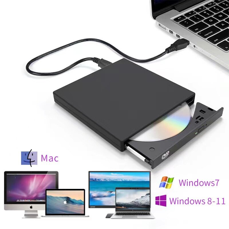 Внешний CD-ROM/RW, DVD-ROM привод / оптический привод / внешний дисковод / DVD-R, ROM, CD-R, CD-RW, CD-ROM, USB DVD-USB-02 черный с 2-мя кабелями — фото 1