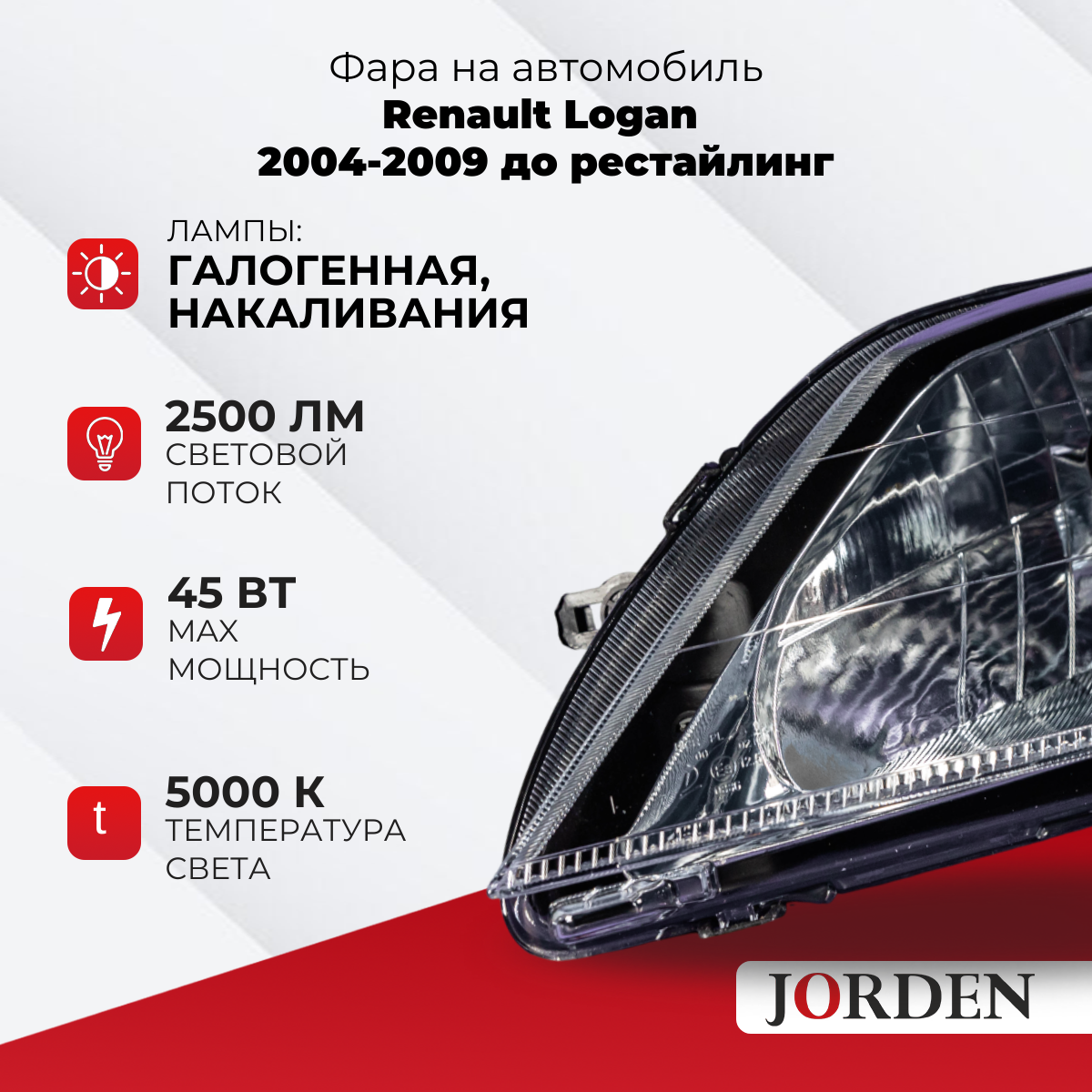 Фара Renault Logan Рено Логан I поколения до рестайлинг, года 2004-2009, галогенная передняя левая 1 шт. ближний и дальний свет — фото 1