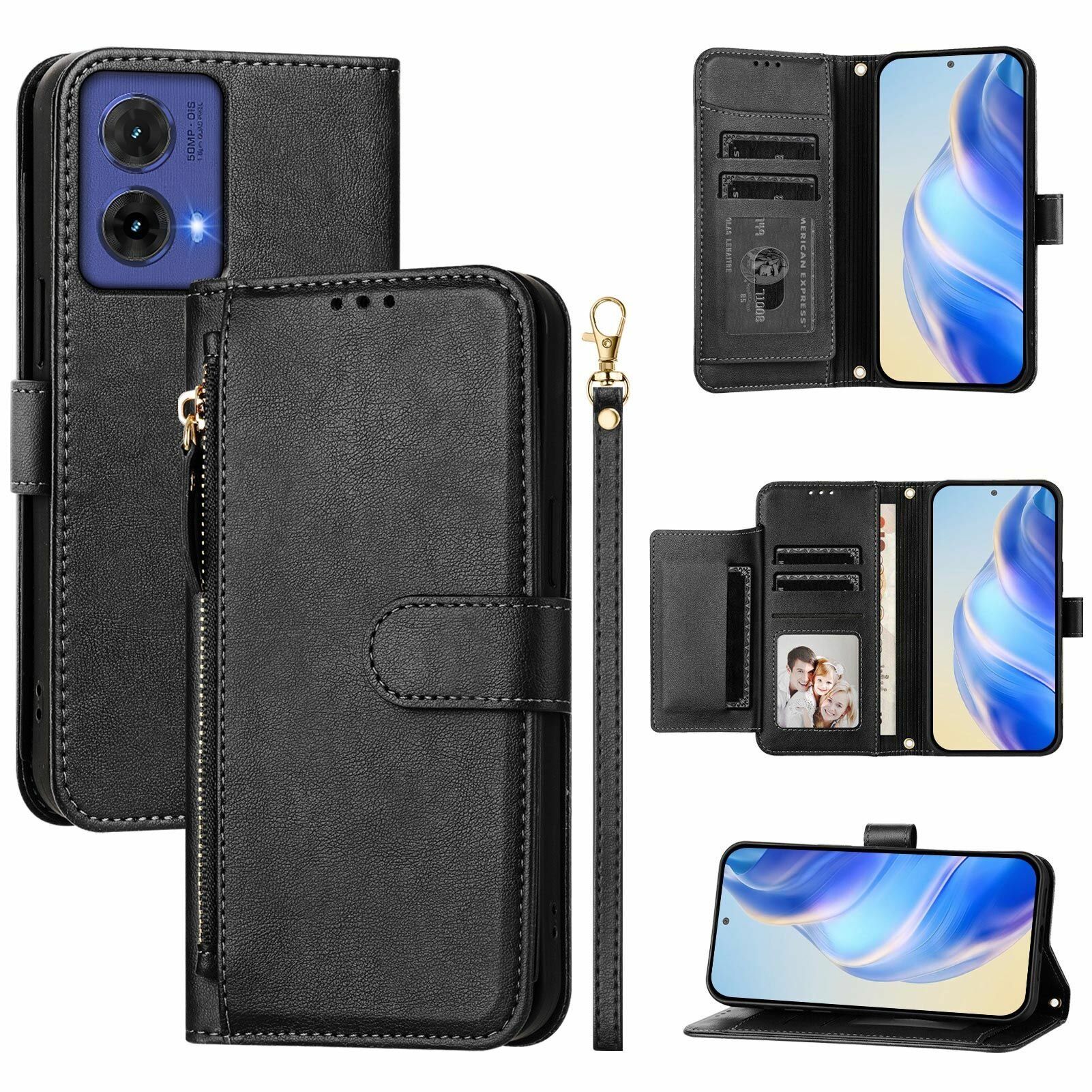 Кожаный книжка чехол в виде бумажника для Motorola MOTO G85 5G(Моторола Мото G85 5G ) с застежкой-молнией, коротким шнуром, Складной слот для карт и отделением для кошелька