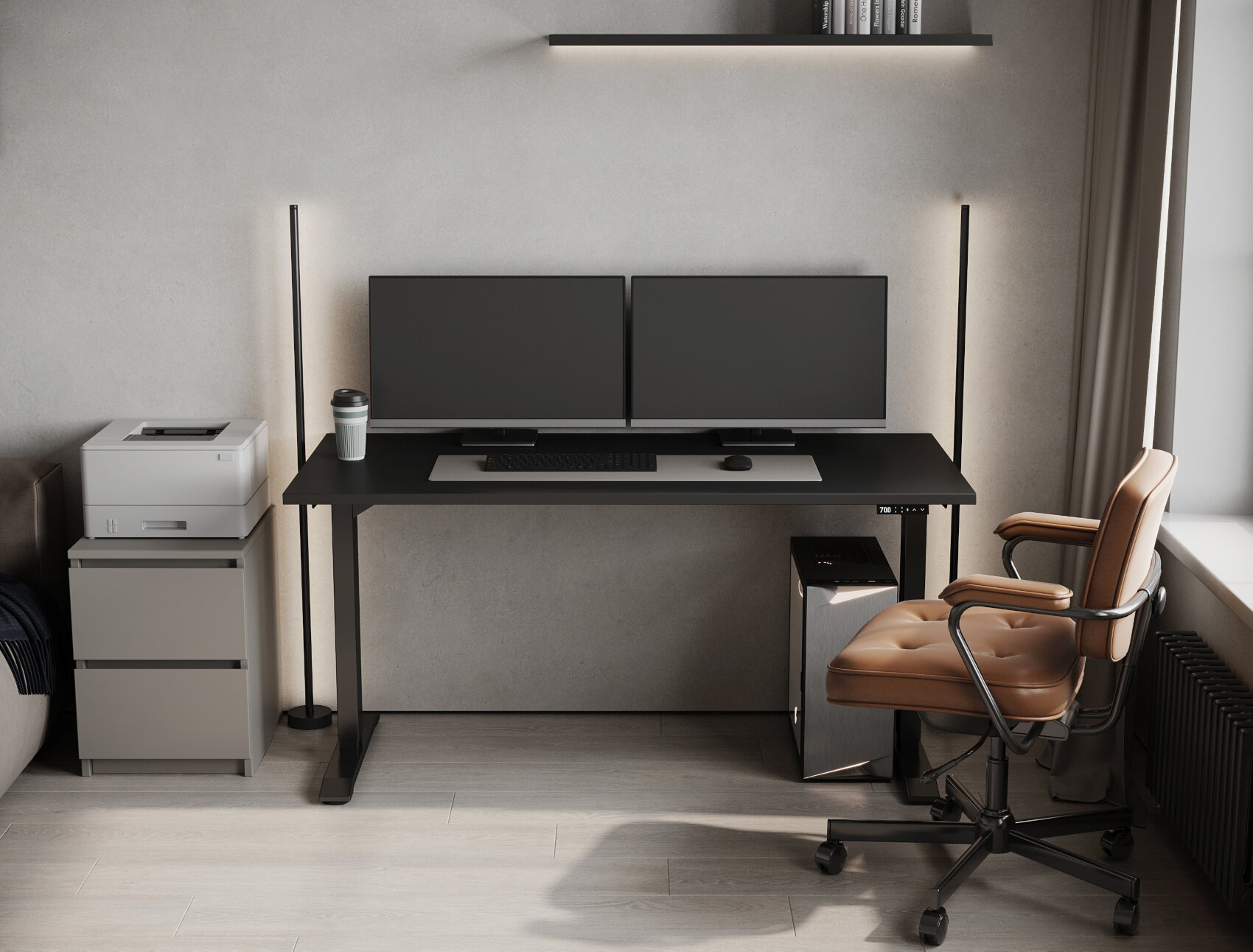 Компьютерный стол с подъемным механизмом JetDESK L (2 мотора), высота 70-120см, столешница 150x70см Egger нежный черный — фото 1
