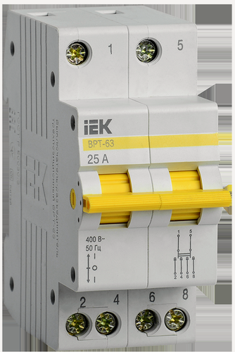 Изображение товара Рубильник IEK ВРТ-63, 25А, 2 полюса, 400В переменное AC, IP20, монтаж на DIN-рейку, модульный