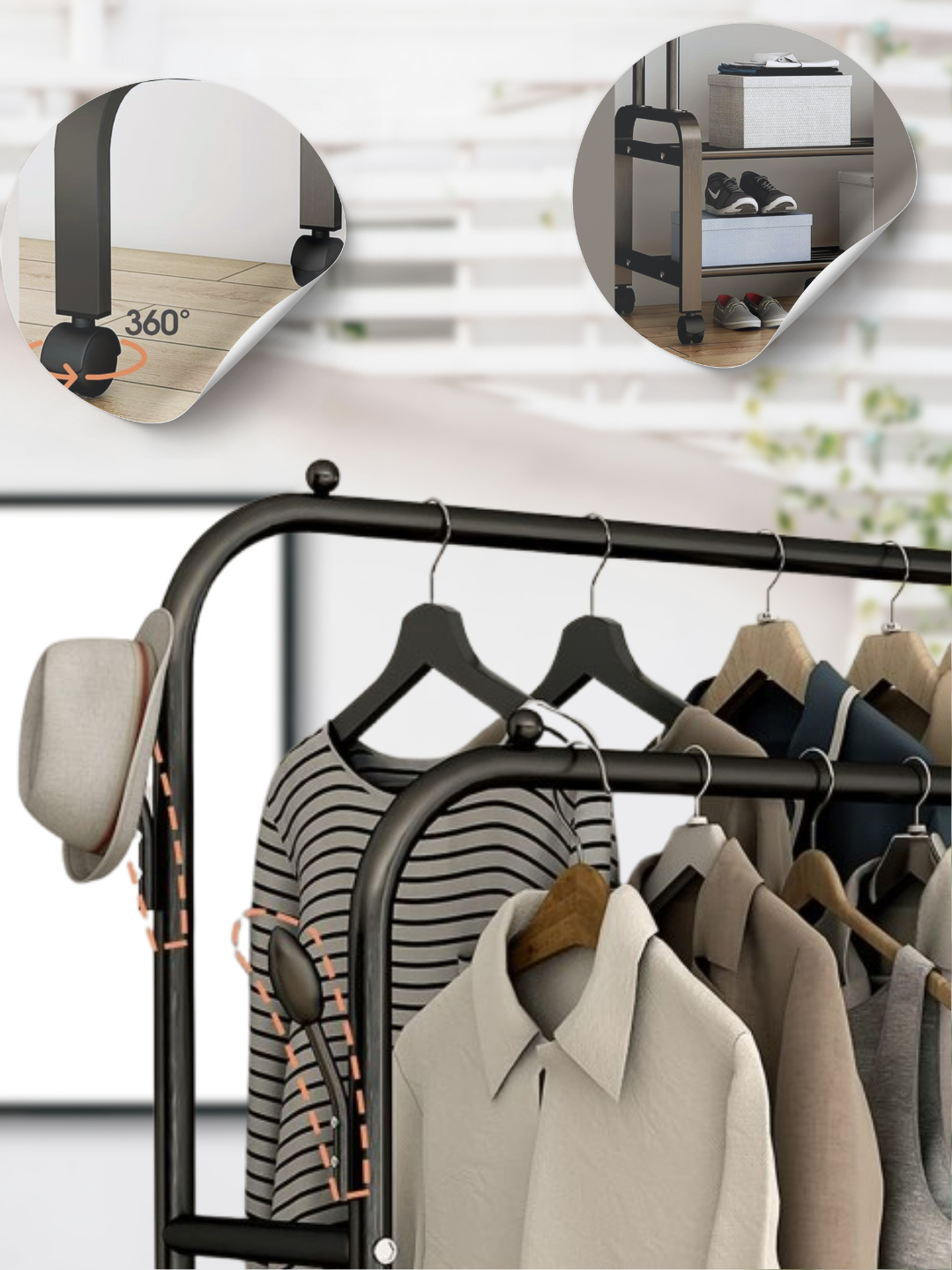 Металлическая напольная стойка для одежды на колёсах с полками и двойной перекладиной