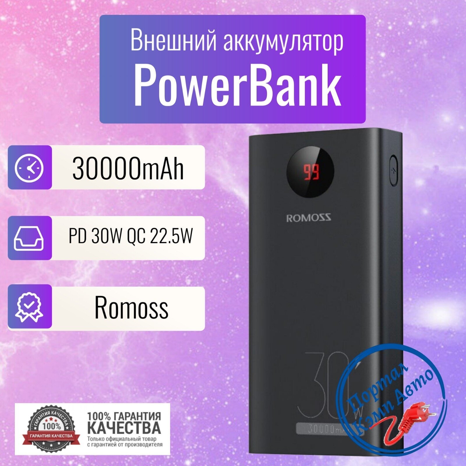 Power Bank внешний аккумулятор повербанк 30000 мАч 22.5W PD 30W ROMOSS