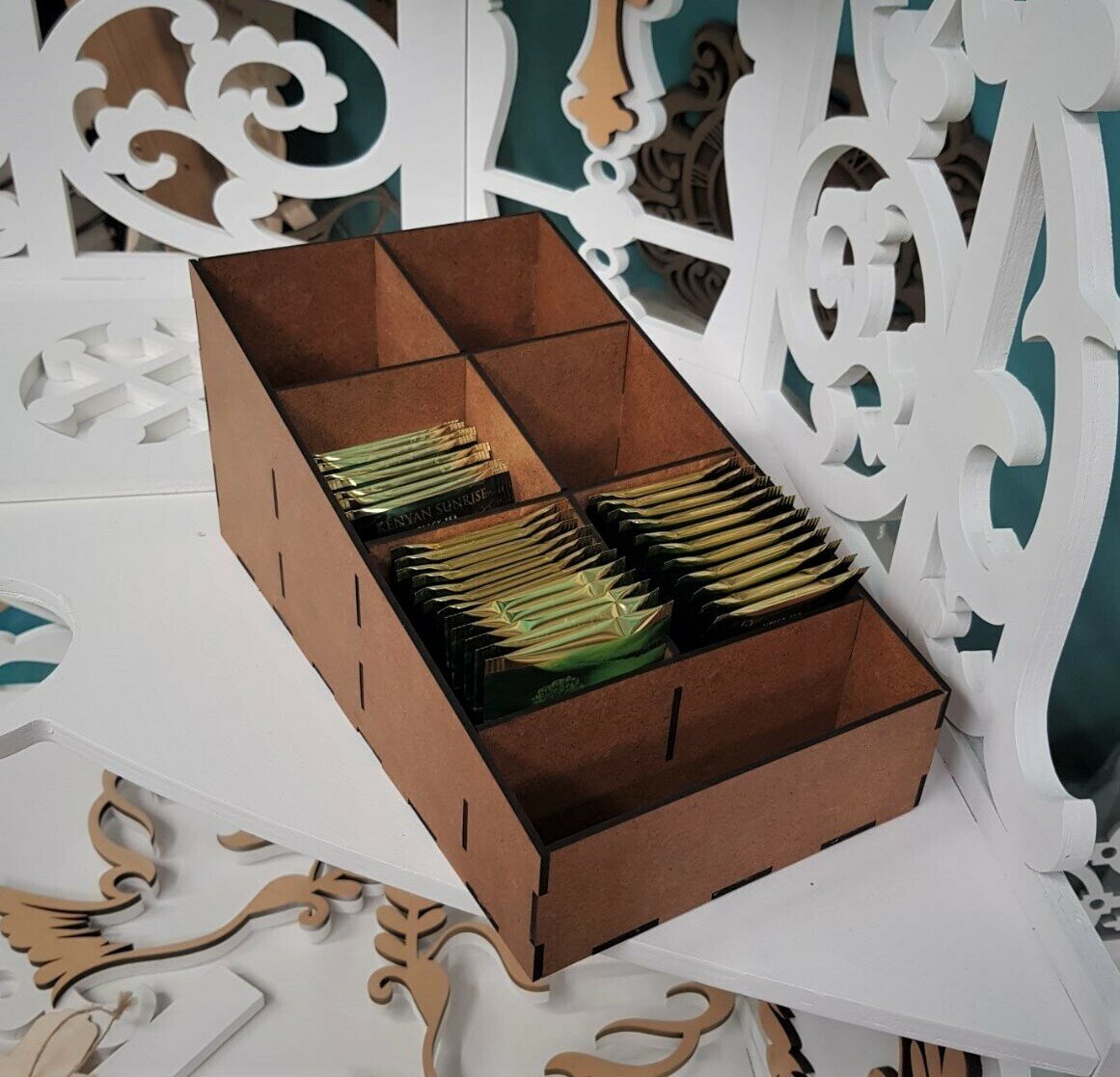 Коробка для чая 6 отделений дизайн классика / Органайзер для чая из дерева, деревянная подставка для пакетиков чая / Чайный домик