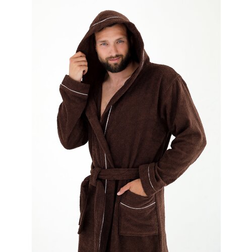 фото Халат everliness, длинный рукав, банный халат, капюшон, пояс/ремень, карманы, размер 56, коричневый