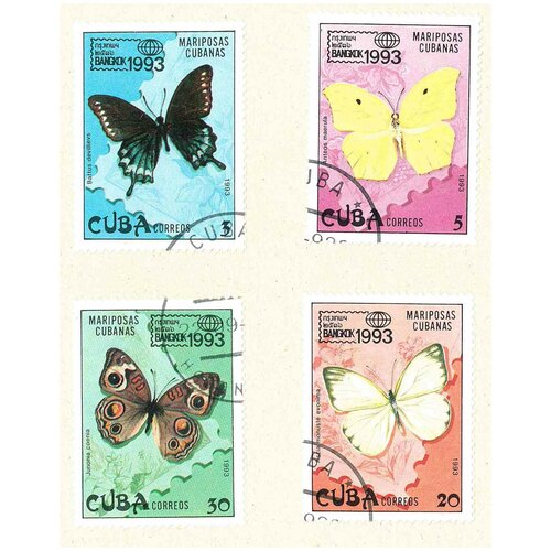 Набор почтовых марок Кубы, серия бабочки, 4 шт, гашёные, 1993 г. в. набор почтовых марок стран мира мадагаскар гвинея ссср кампучия и др серия морская фауна 25 шт гашёные 1983 97 г в