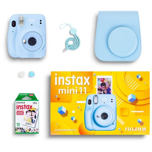 фото Набор fujifilm instax mini 11 blue geometric set (камера mini 11 blue + картридж 10 снимков + чехол)