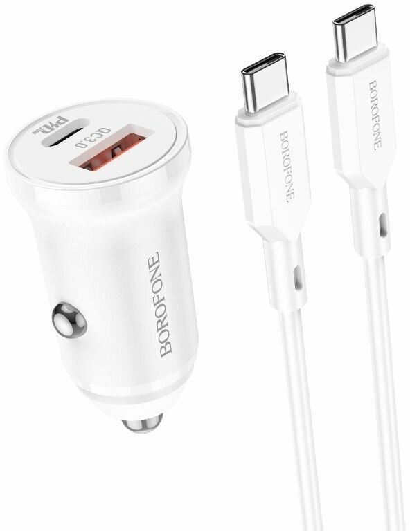 Зарядное устройство автомобильное USB + кабель Type-C - Type-C (PD20W+QC3.0, 3000mA) BOROFONE BZ18A Белый