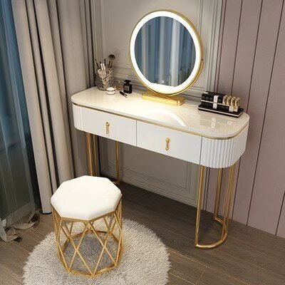 Современный туалетный столик из МДФ с ребристыми боковинами без тумбы с зеркалом, белый (120 см столик + зеркало + табурет)