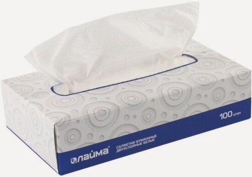 Изображение товара Салфетки косметические Лайма 20х20 см 2-сл Laima белые, 100 листов в картонном боксе