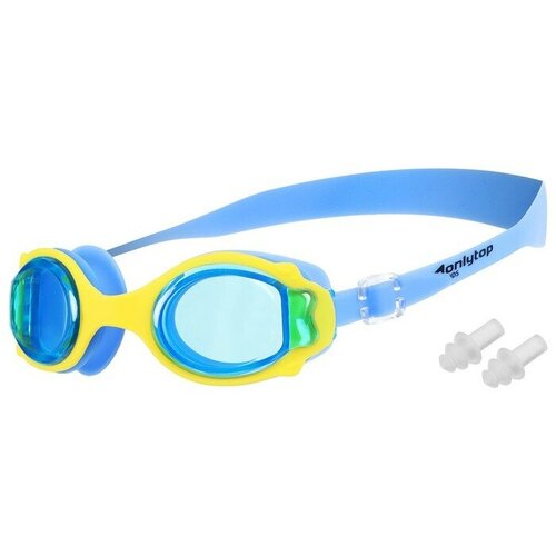 очки для плавания детские беруши цвет голубой с желтой оправой Очки для плавания, детские + беруши, цвет голубой с желтой оправой