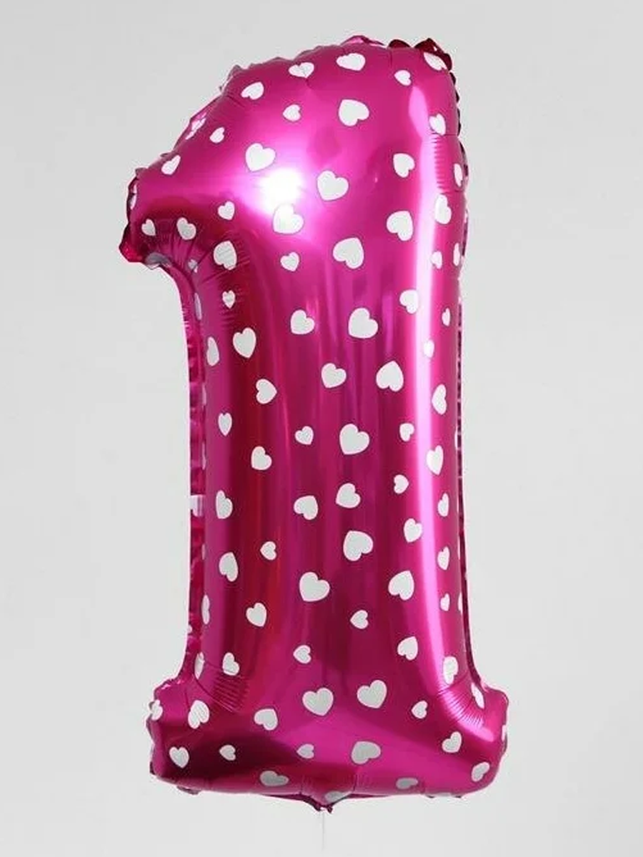 Воздушный шар фольгированный Riota Цифра 1, розовая + белые сердца, 102 см