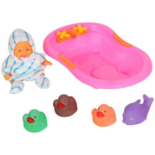 фото Пупс для девочек игрушечный, с игровым набором для купания, кукла для девочек, (пупс в комбенизоне, утки, дельфин, ванна), в/п 24*19*8см компания друзей