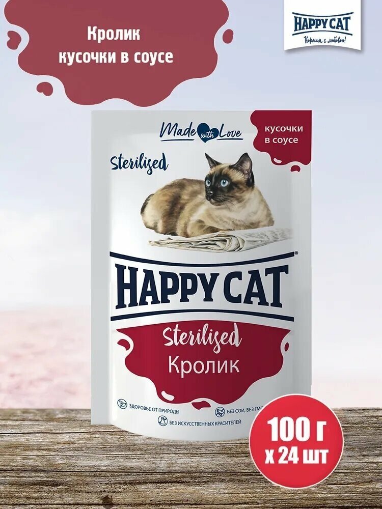 Влажный корм для стерилизованных кошек кролик Хэппи Кэт Happy Cat Кусочки в соусе упаковка, 100 г х 24 шт. - фотография № 1