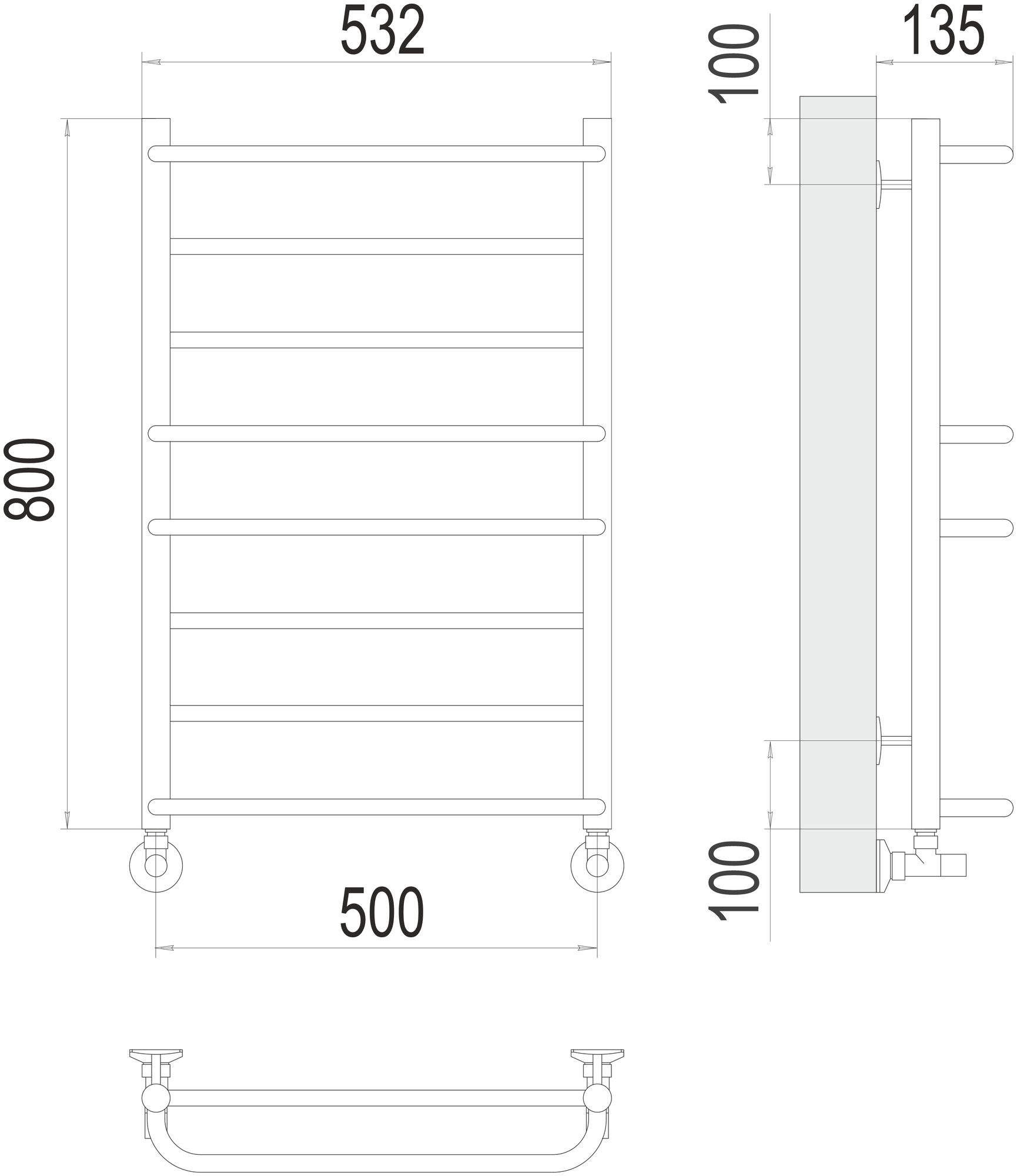 Полотенцесушитель водяной TERMINUS (Терминус) Евромикс П8 500х800 мм, нижнее подключение нержавеющая сталь Водяной полотенцесушитель для ванной - фотография № 2