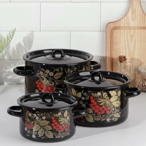 Набор кастрюль Рябина 3 предмета 15 л 29 л 45 л эмалированные крышки индукция цвет чёрный 3954₽