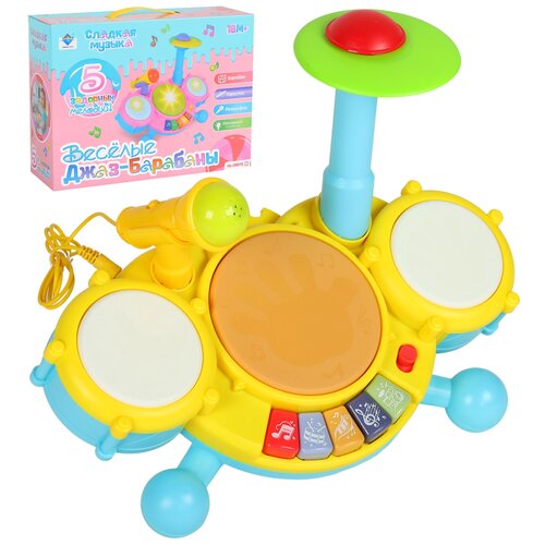 Купить Игрушка детская развивающая музыкальная Барабанная установка с микрофоном JUNCA, на батарейках, свет, звук, интерактивная игрушка для малышей, развивает слух, моторику, память, цвет желтый, в/к 31*18*19см