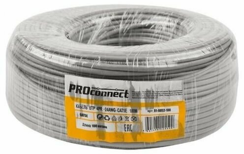 Кабель витая пара U/UTP 5e кат. 4 пары PROconnect 01-0052-100 24AWG(0.50 мм), медь, одножильный (solid), внутренний, PVC, серый, уп/100м