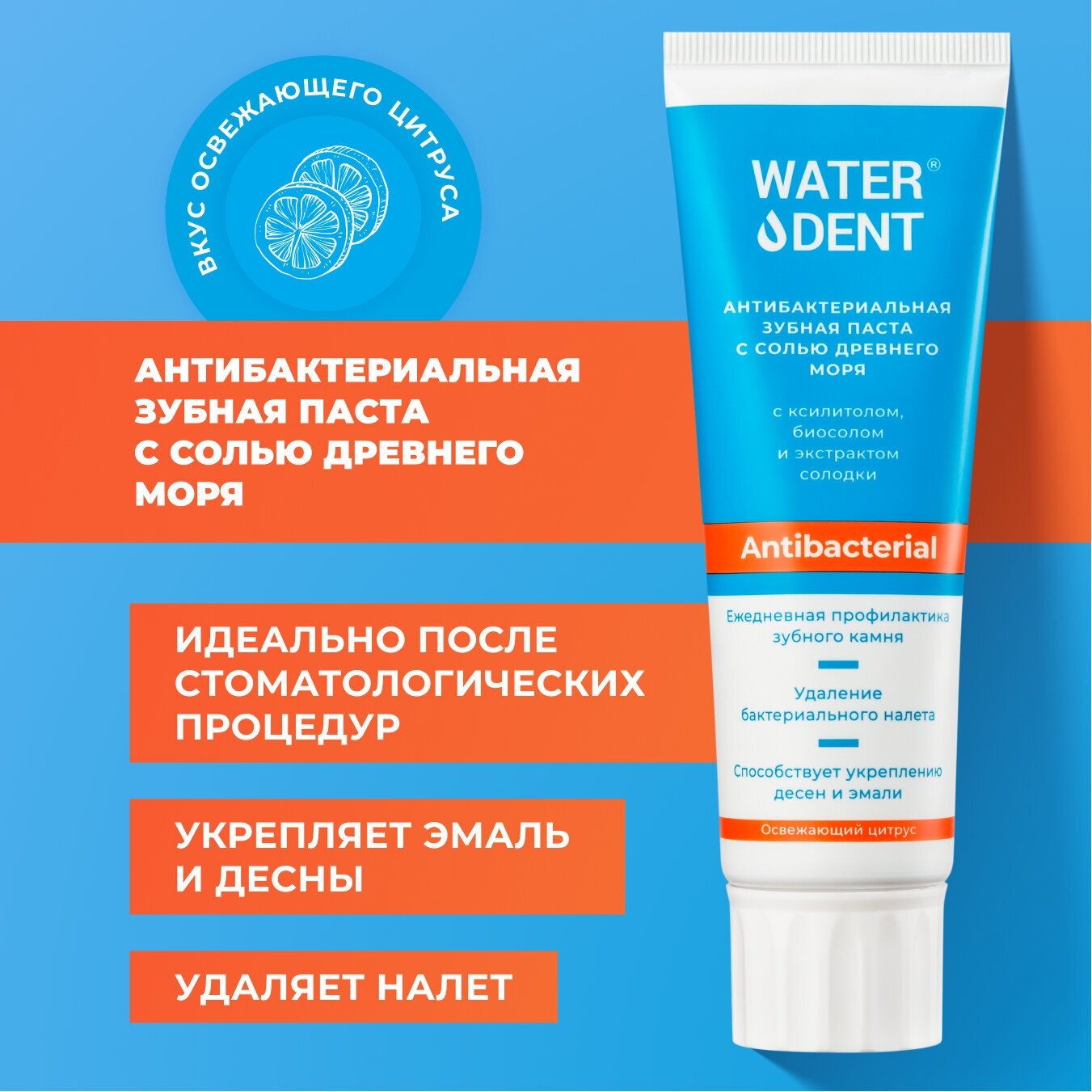 фото Зубная паста WATERDENT / Антибактериальная с солью Древнего моря / 100 г / RDA 80