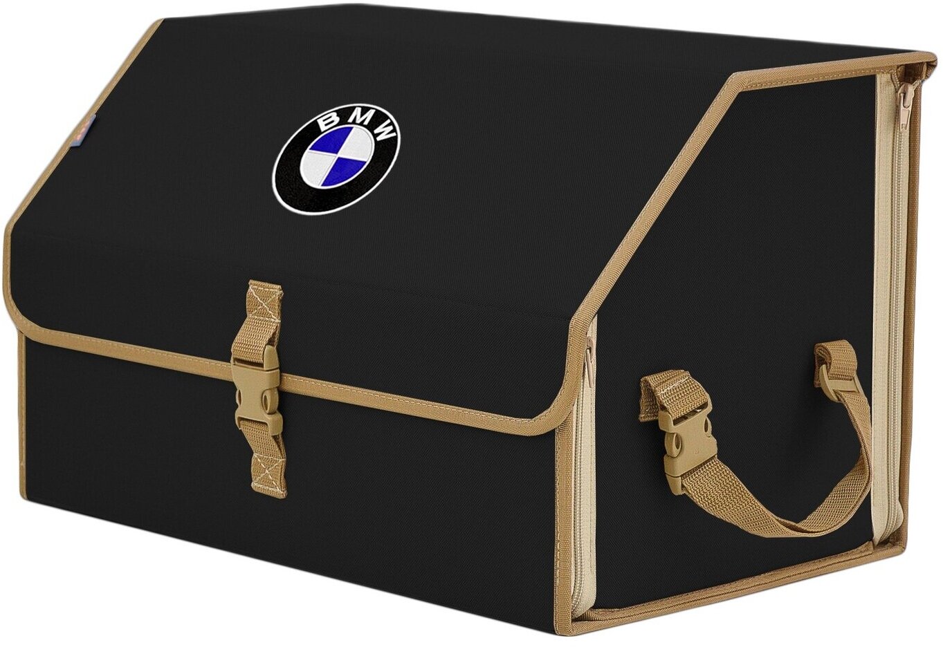 Органайзер-саквояж в багажник "Союз" (размер L). Цвет: черный с бежевой окантовкой и вышивкой BMW (БМВ).