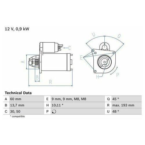 Стартер Psa C3/C4/207/208/308 06- 0.9 Kw Bosch арт. 0986021970