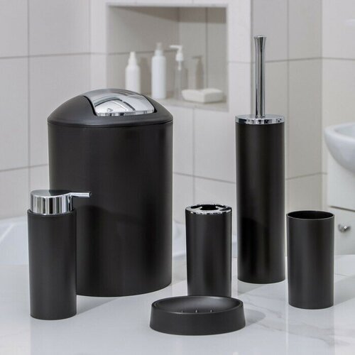 Набор аксессуаров для ванной комнаты Сильва , 6 предметов (дозатор, мыльница, 2 стакана, ёршик, ведро), цвет чёрный стеллаж для ванной комнаты 165x40x42 см цвет бежевый чёрный