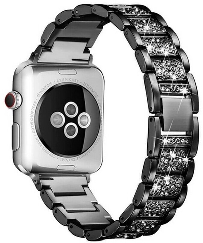 Ремешок металлический блочный c камнями для Apple Watch 42/44/45 mm Series 1-7/ SE , Черный