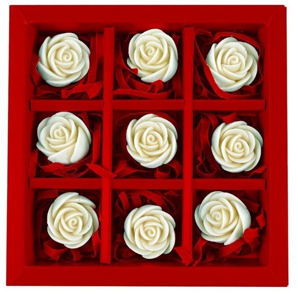 Съедобные Розы из шоколада - 9 шт. CHOCO STORY в Красной подарочной Мини-коробочке: Белый Бельгийский шоколад, 108 гр. M9-K-B