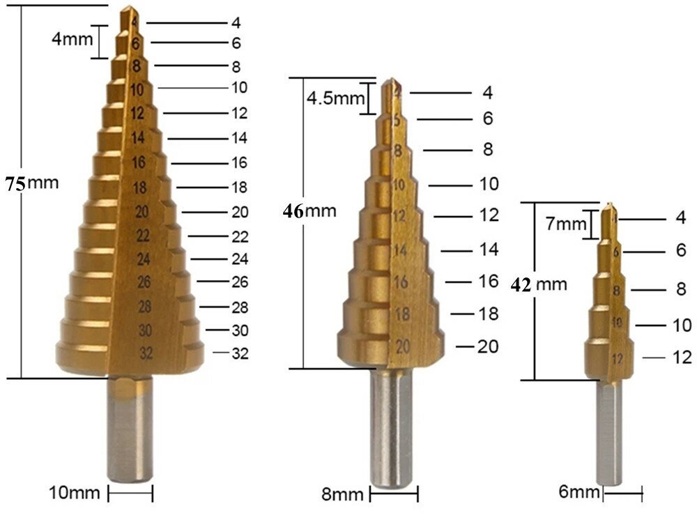 Набор ступенчатых 4-32, 4-20, 4-12 мм и Фрезеровальных сверл 3,6,8 мм по металлу - фотография № 2