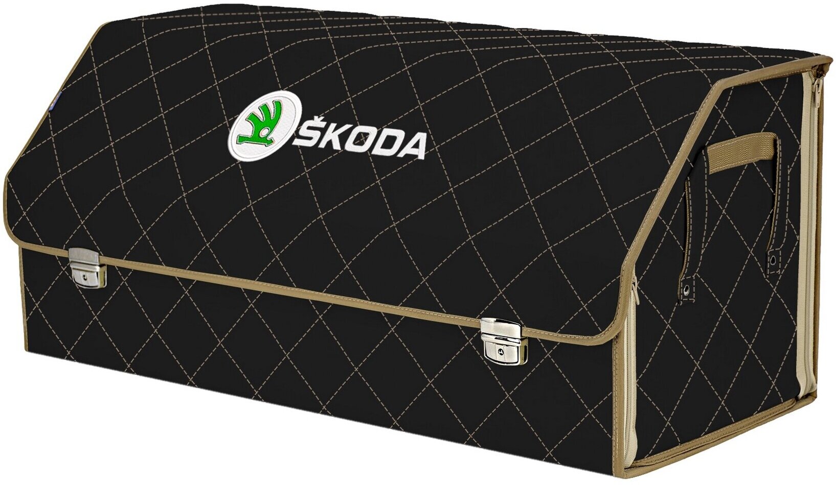 Органайзер-саквояж в багажник "Союз Премиум" (размер XXL). Цвет: черный с бежевой прострочкой Ромб и вышивкой Skoda (Шкода).