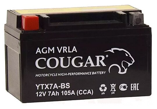 Аккумулятор мотоциклетный COUGAR AGM VRLA 12V7 YTX7A-BS 152x87x95