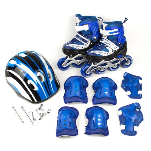 Синие раздвижные роликовые коньки, шлем, защита коленей, локтей, кистей, сумка, размер M (34-37)