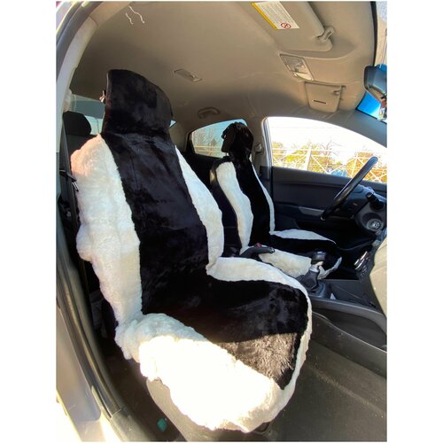 BARASHKA34 / Меховые накидки (2 шт) из натуральной 100% овчины на сиденье автомобиля. Черный с белым