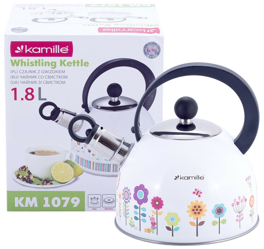 фото Чайник Kamille KM-1079 (1,8 л) из нержавеющей стали со свистком и нейлоновой ручкой