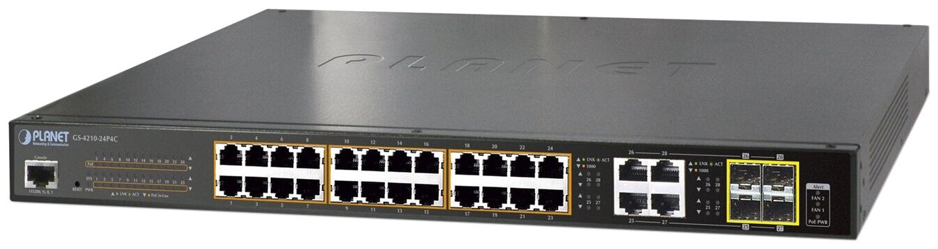 Управляемый коммутатор для рабочих групп Planet IPv6/IPv4, 24-Port Managed 802.3at POE+ Gigabit Ethernet Switch + 4-Port Gigabit Combo TP/SFP (220W)