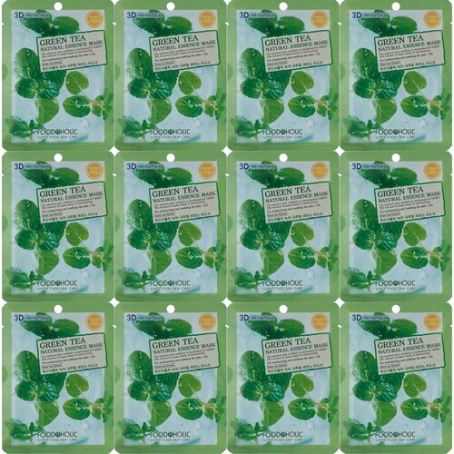 FoodaHolic, Маска для лица тканевая с экстрактом зеленого чая, 23 г, 12 шт beauugreen маска на тканевой основе premium green tea essence mask 23г 12 штук